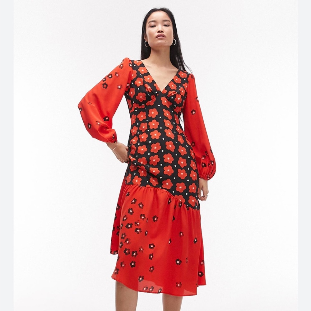 Topshop Red and Black Floral Long Sleeve Dress-LIKE NEW CONDITION